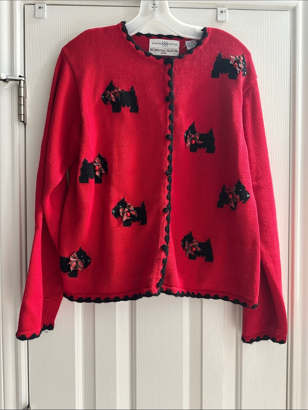 2000s Red Holiday Cardigan Black Scottie Dog L Plaid Traditional Classic Tartan